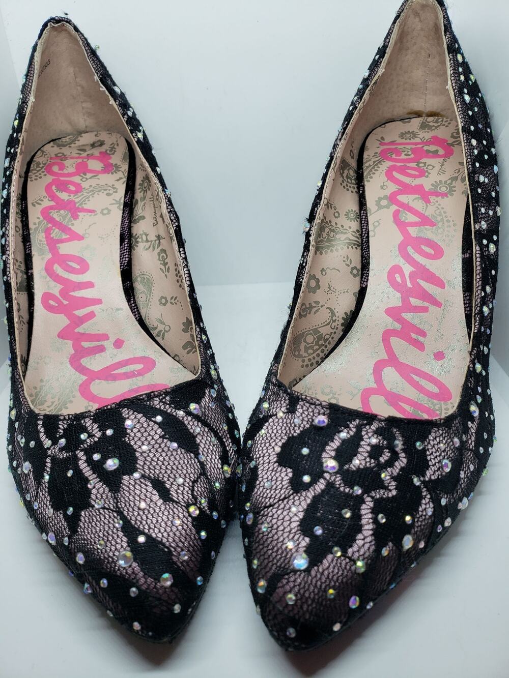 Betsey Johnson Rhinestone Lace Heels SZ 7 NWOT